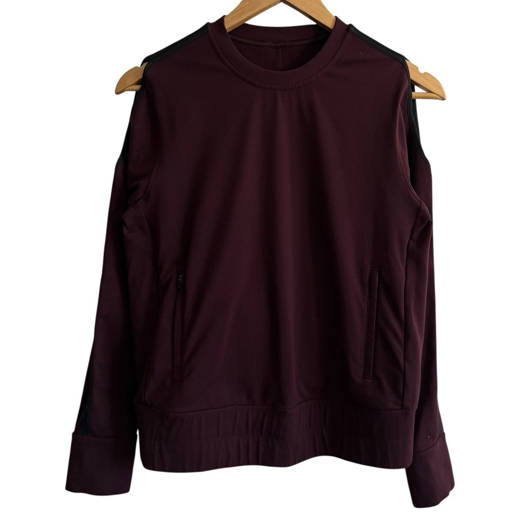 Lululemon Maroon Cold Shoulder Zip Pockets Pullover Scuba Sweatshirt Sz S/M #379